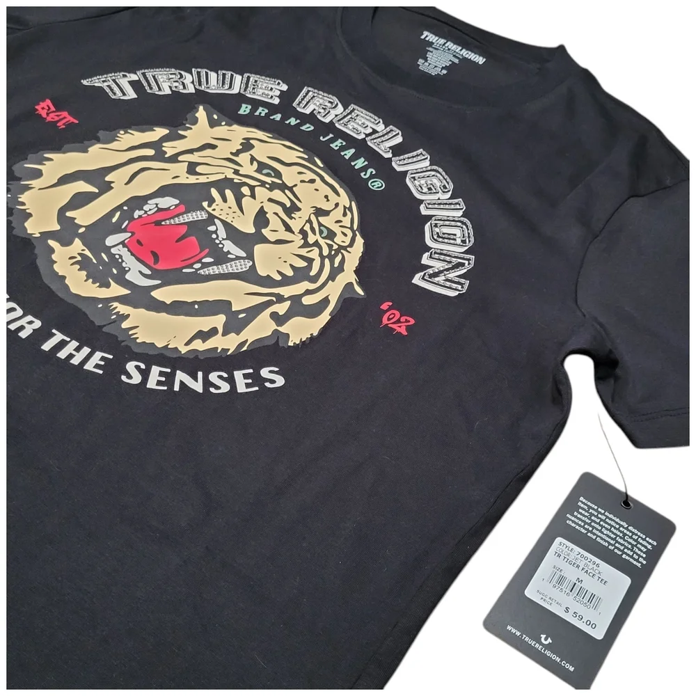 NEW True Religion Black Crew Neck Tee Shirt Tiger Bling Graphic Size M
